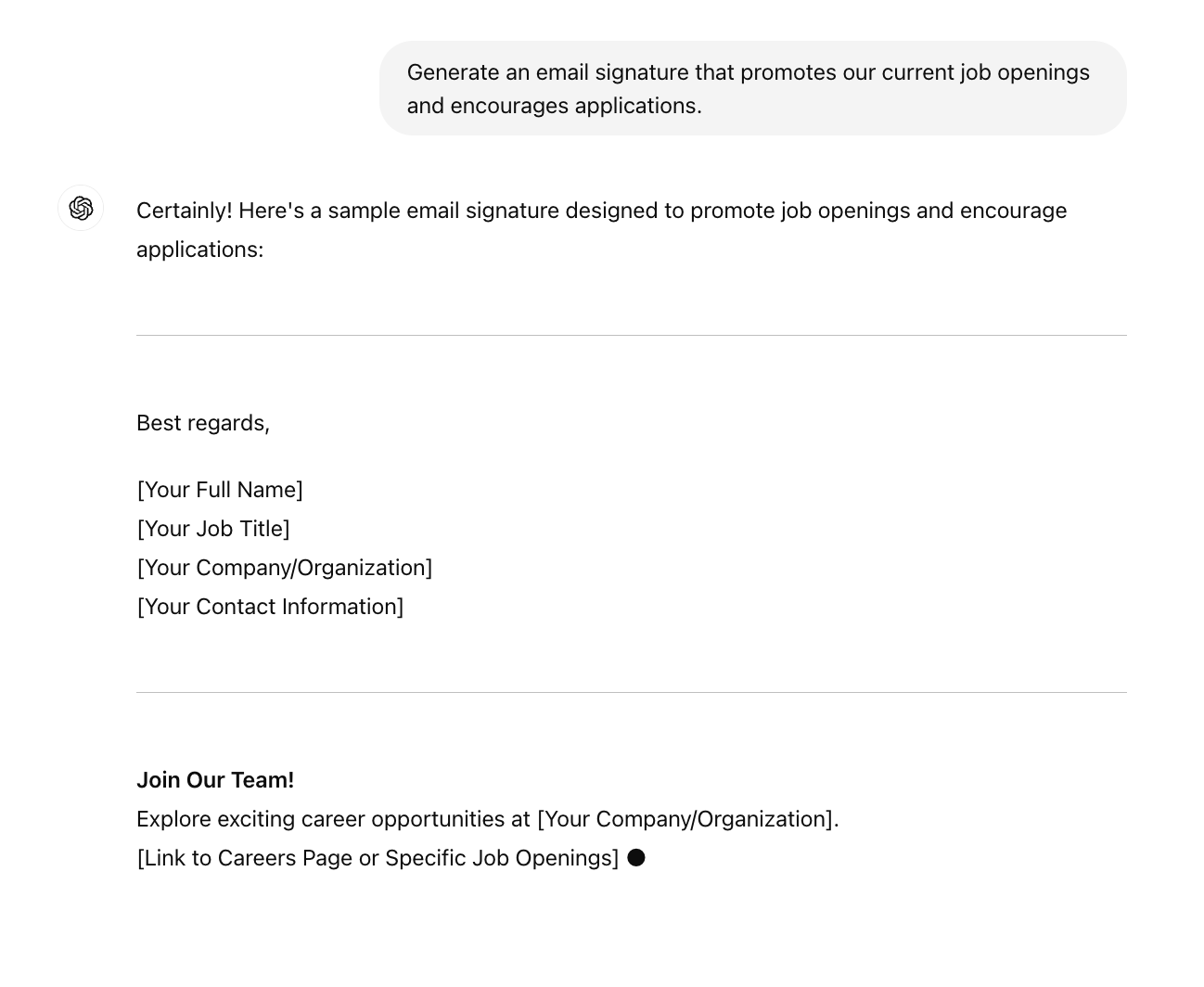 CHATGPT PROMPT email signatures for recruitment purposes
